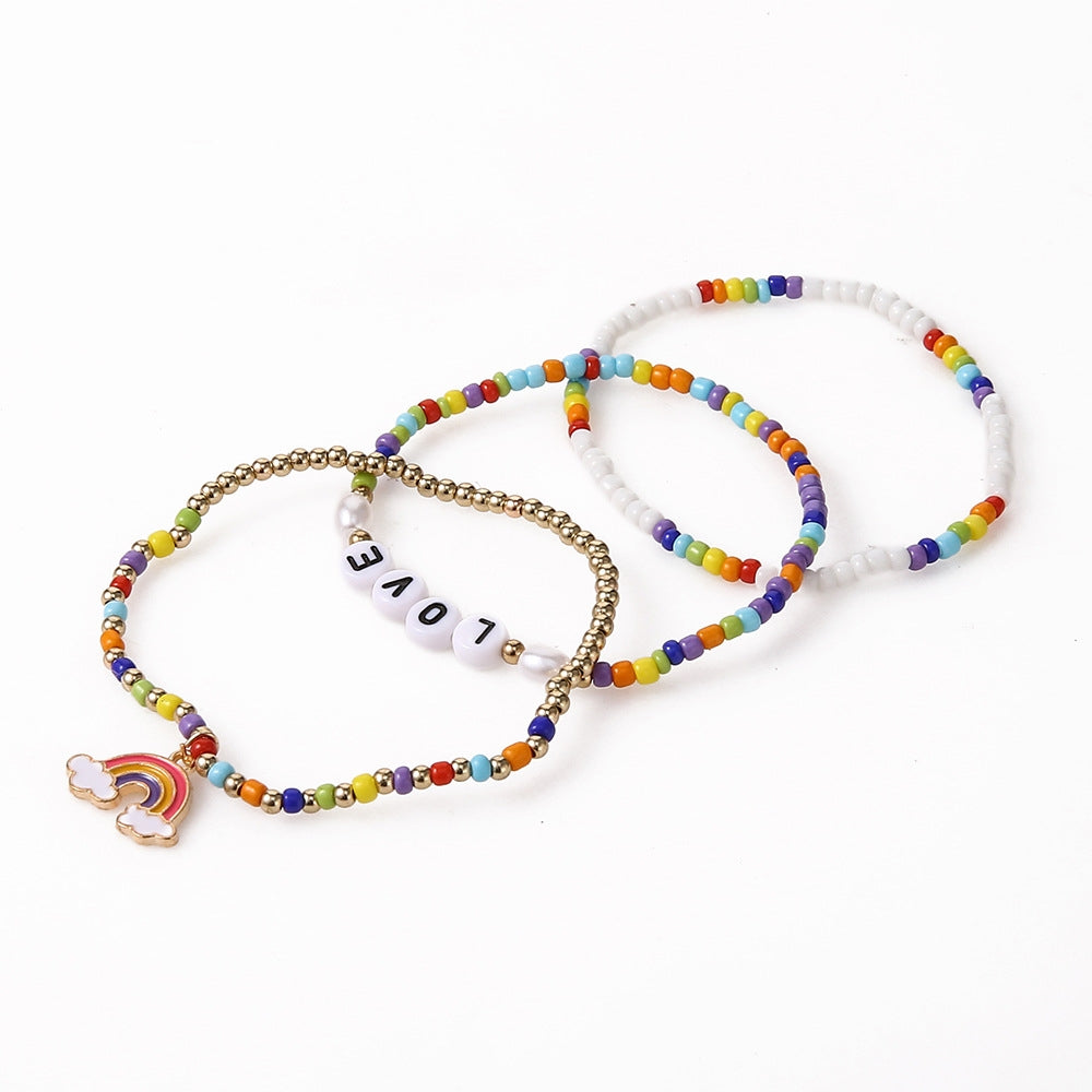 Simple Bohemian Love Letter Rainbow Beaded Bracelet Set