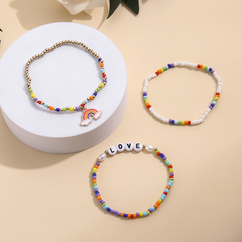 Simple Bohemian Love Letter Rainbow Beaded Bracelet Set