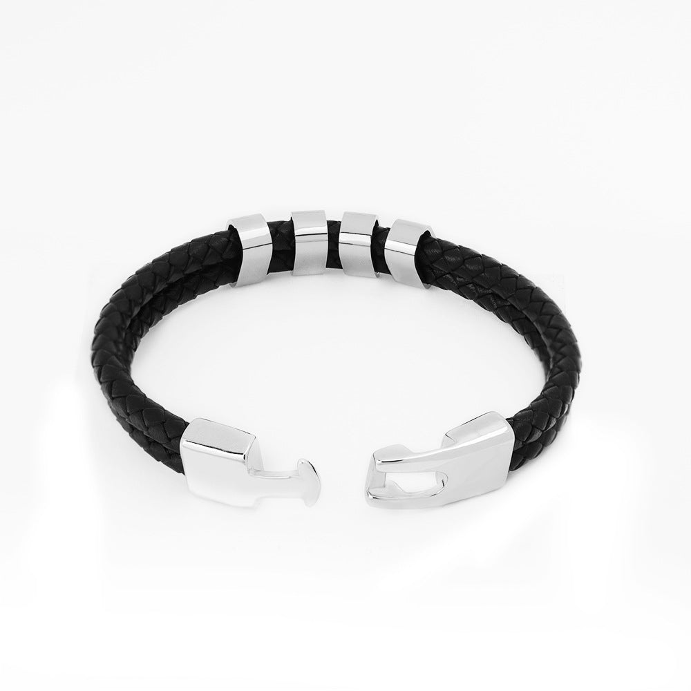 Simple Style Stainless Steel and Leather Braided Letter Bracelet for Men