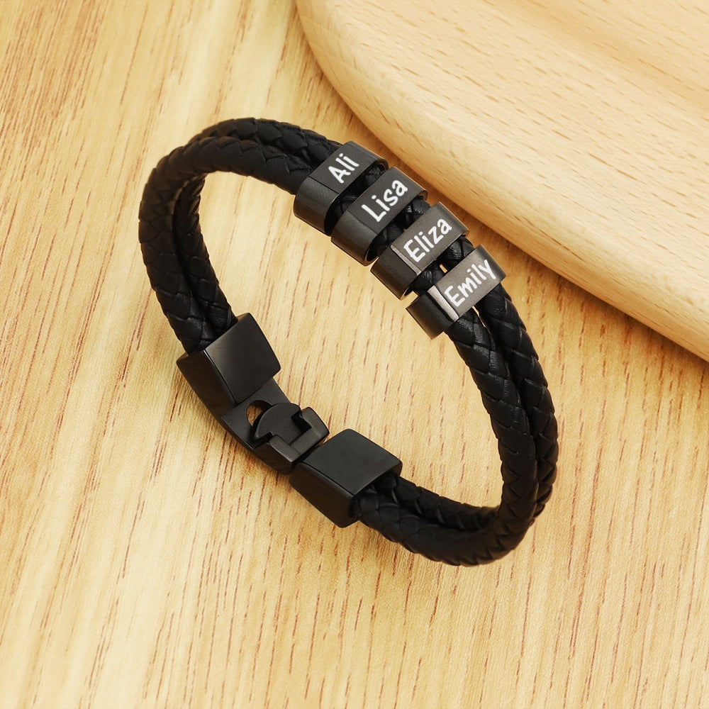 Simple Style Stainless Steel and Leather Braided Letter Bracelet for Men