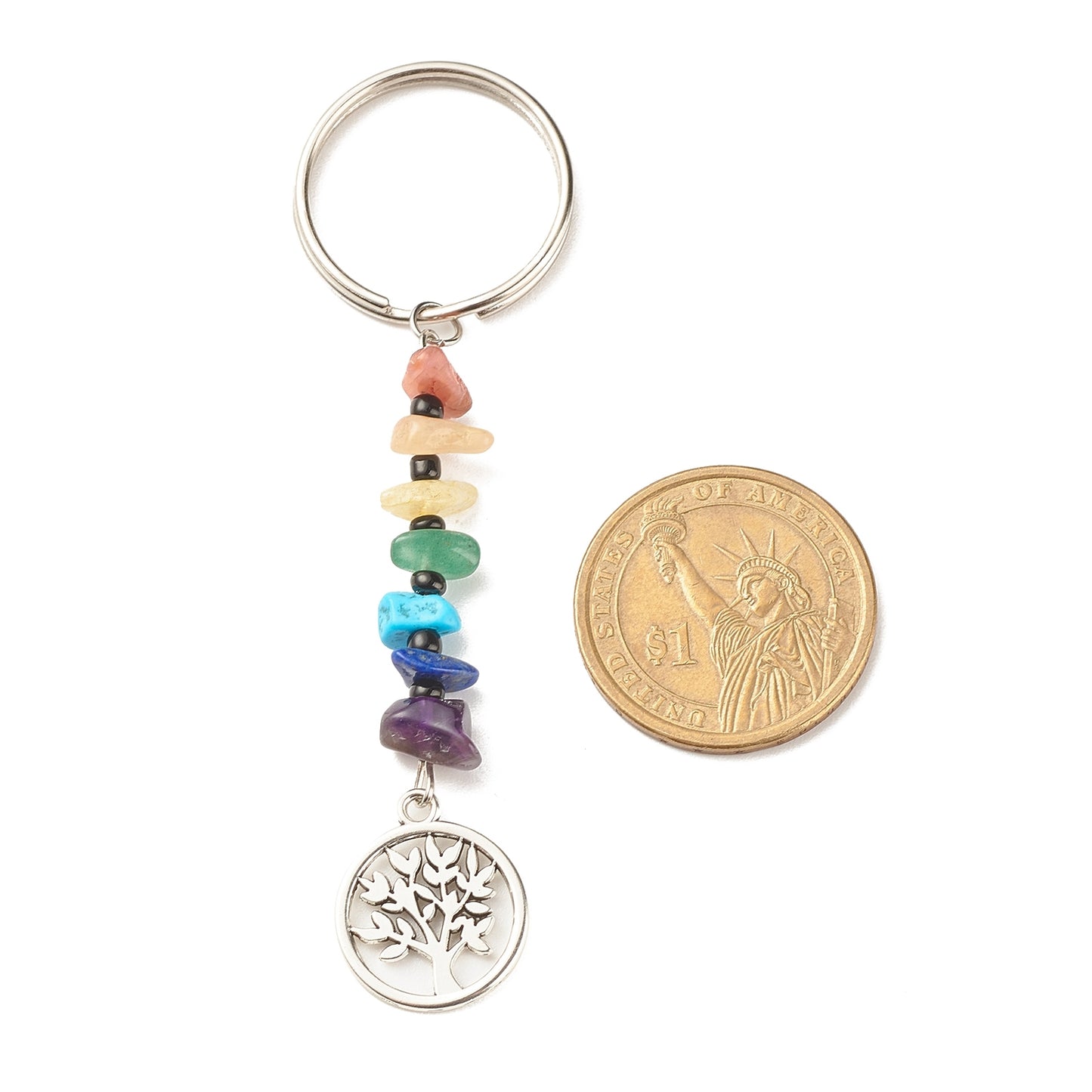 Simple Life Tree Stone Pendant Keychain with Multicolor Gravel Beads