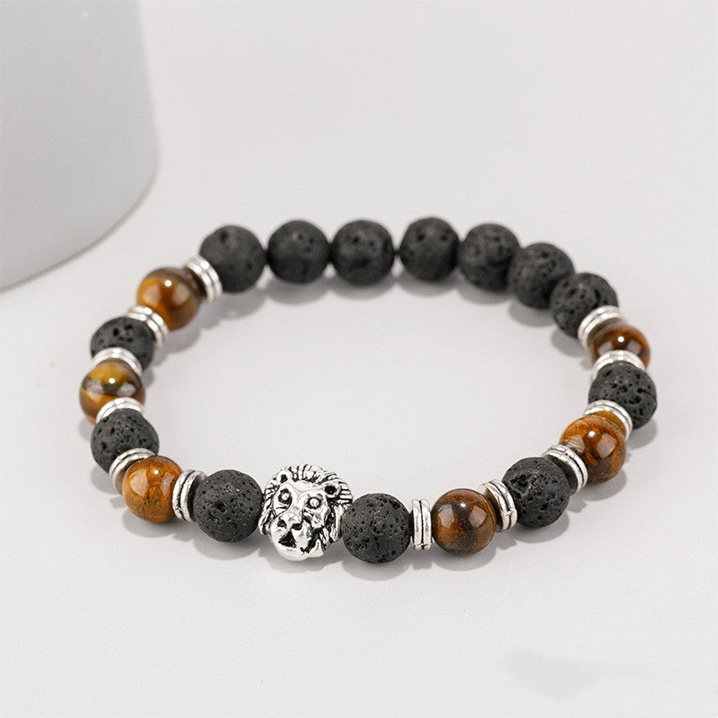 Lion Head Natural Stone Beaded Men's Bracelet