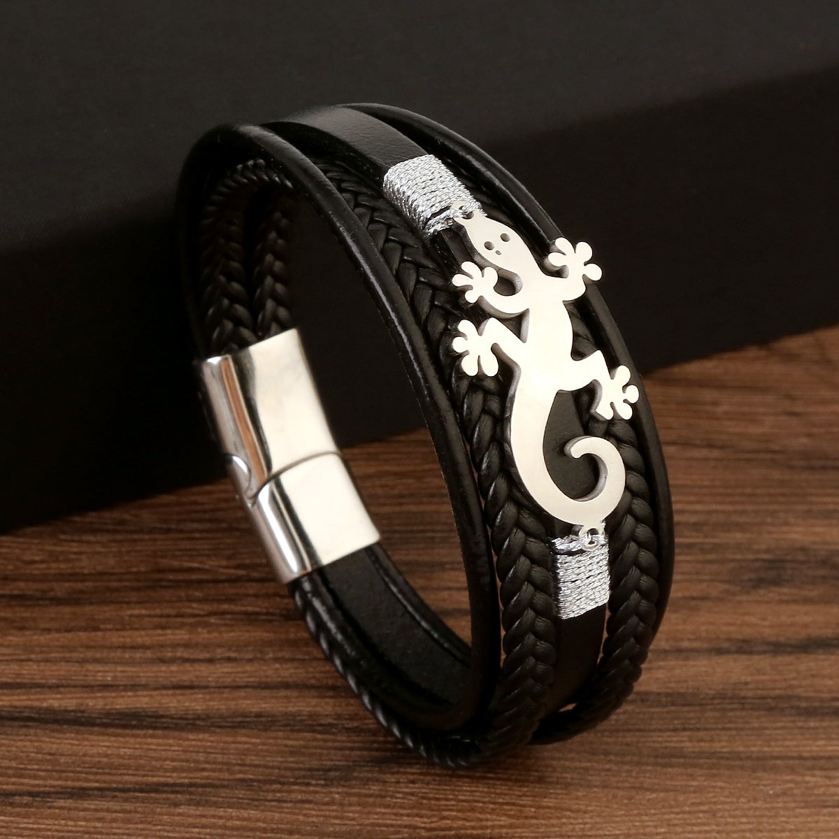 Simple Style Vintage Lizard Stainless Steel Leather Men's Bracelet