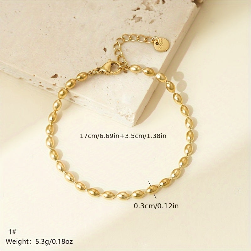 Simple Style Oval 14K Gold Plated Stainless Steel Bead Necklace and Bracelet Set