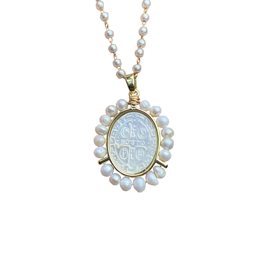 Simple Oval Imitation Pearl and Mother of Pearl Cross Pendant Necklace for Women