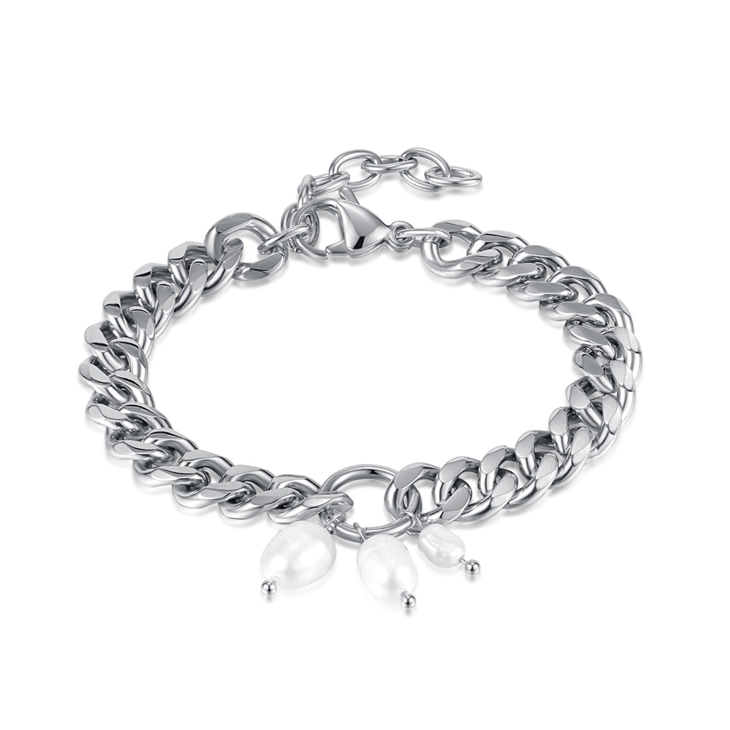 Simple Style Luxurious Titanium Steel Freshwater Pearl Cuban Chain Bracelet for Women