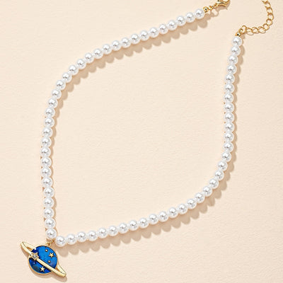 Simple Style Mixed Materials Pearl and Blue Planet Pendant Necklace