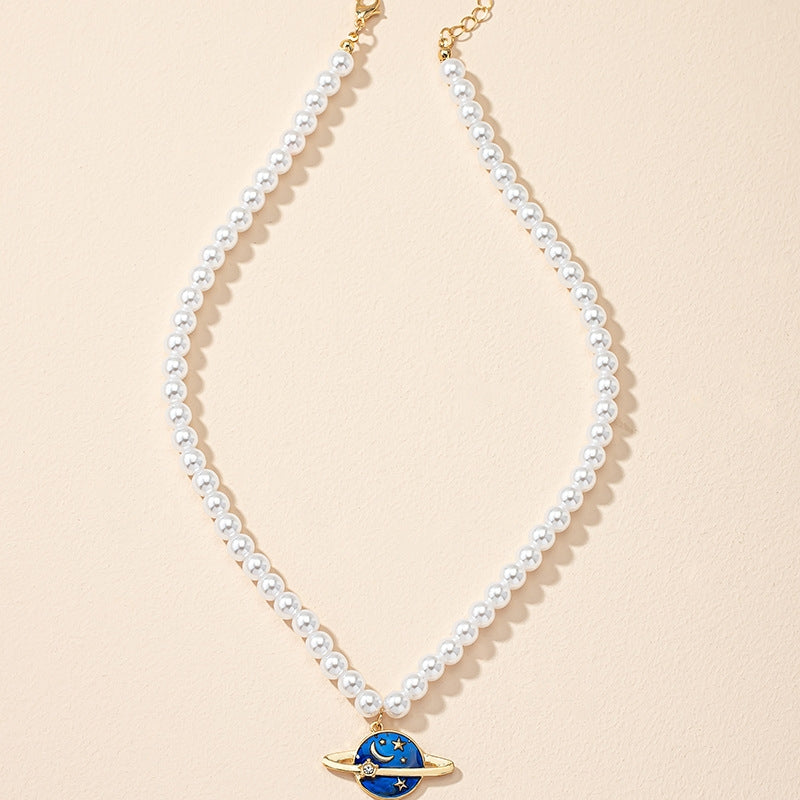 Simple Style Mixed Materials Pearl and Blue Planet Pendant Necklace