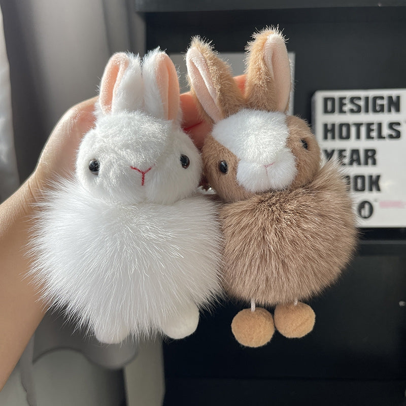 Simple Rabbit Plush Keychain with Faux Fur Pom Pom Charm