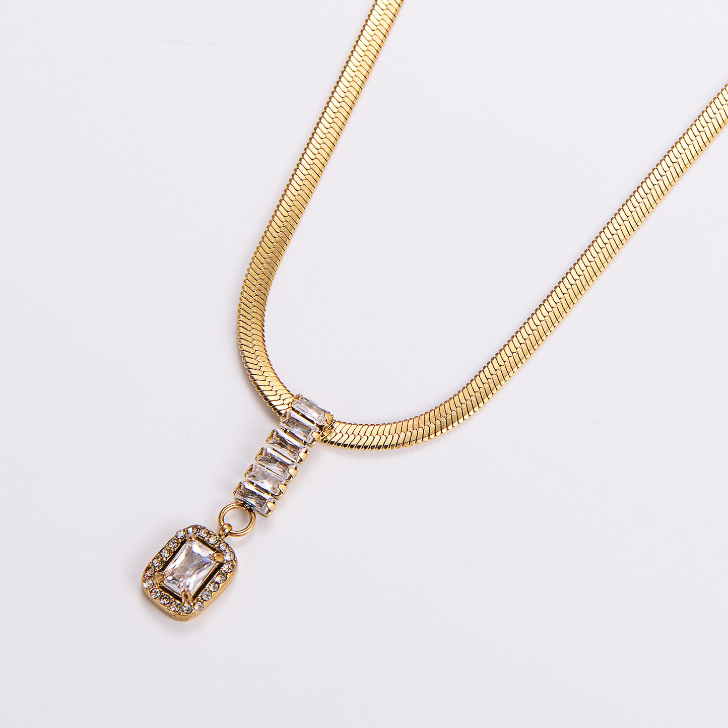 18K Gold Plated Rectangle Zircon Pendant Necklace with Stainless Steel Chain