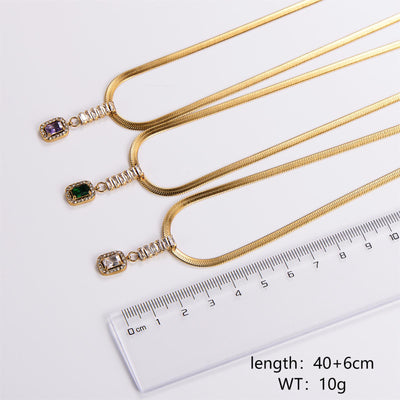 18K Gold Plated Rectangle Zircon Pendant Necklace with Stainless Steel Chain