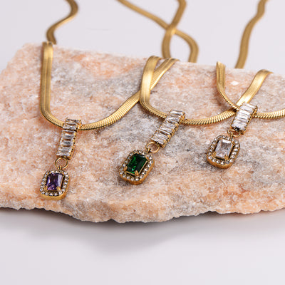 18K Gold Plated Rectangle Zircon Pendant Necklace with Stainless Steel Chain