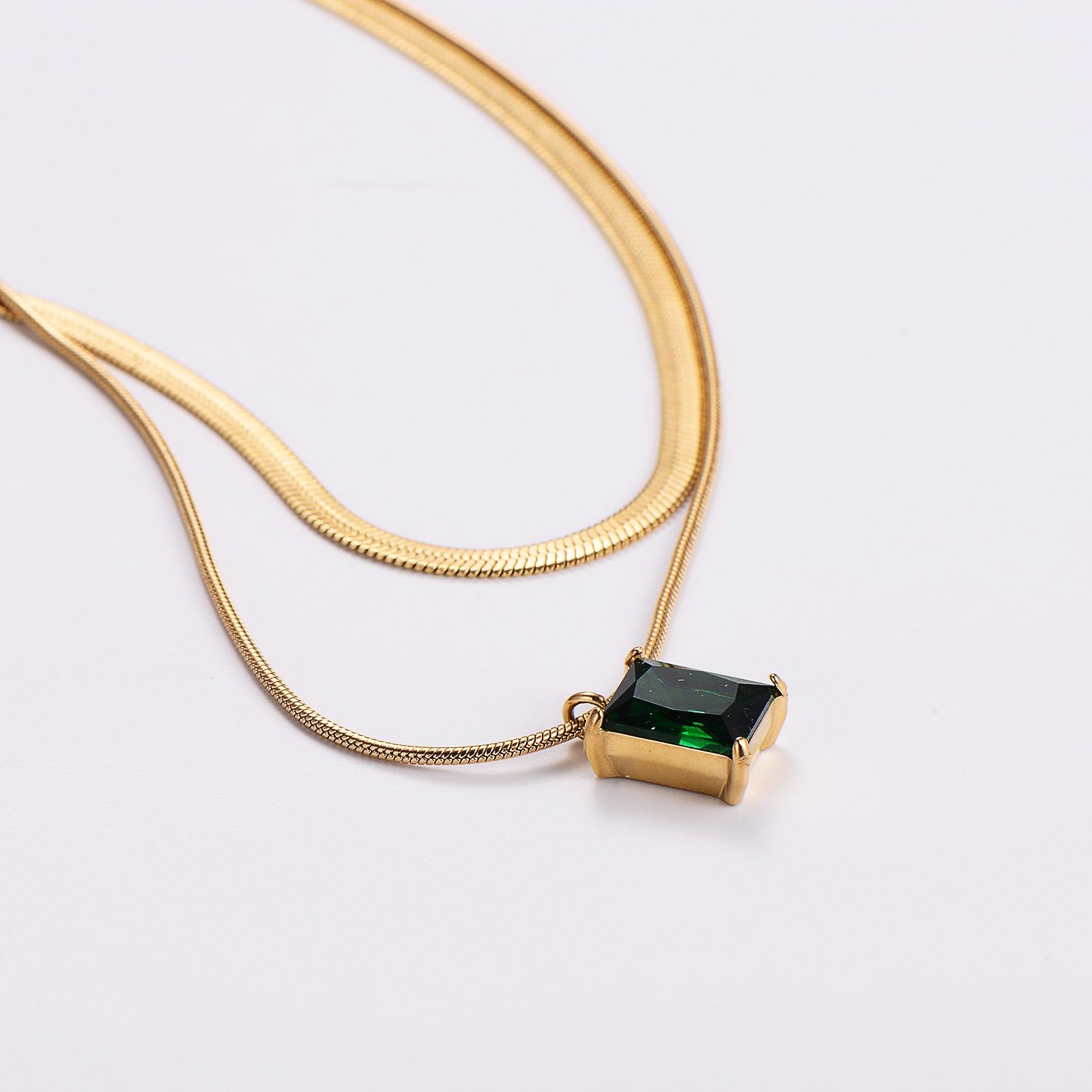 18k Gold Plated Rectangle Zircon Pendant Necklace with Double Layer Green Zircon Chain