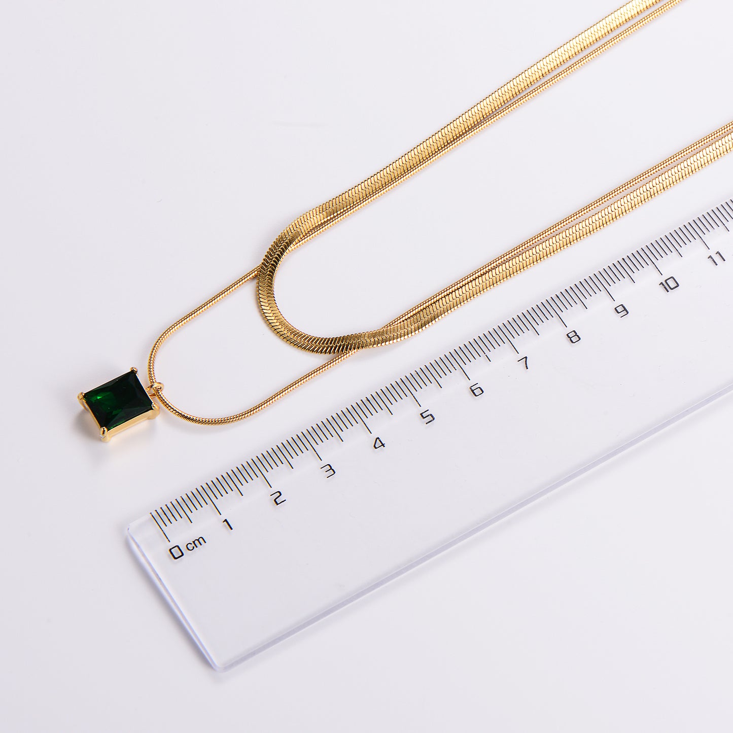 18k Gold Plated Rectangle Zircon Pendant Necklace with Double Layer Green Zircon Chain