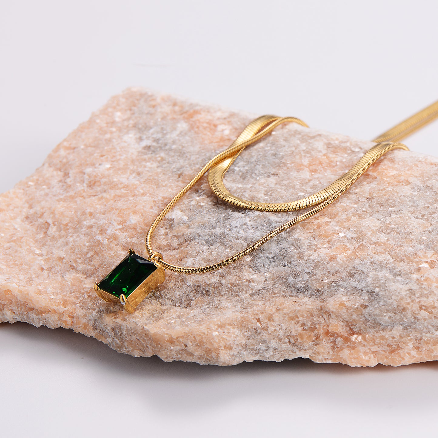 18k Gold Plated Rectangle Zircon Pendant Necklace with Double Layer Green Zircon Chain