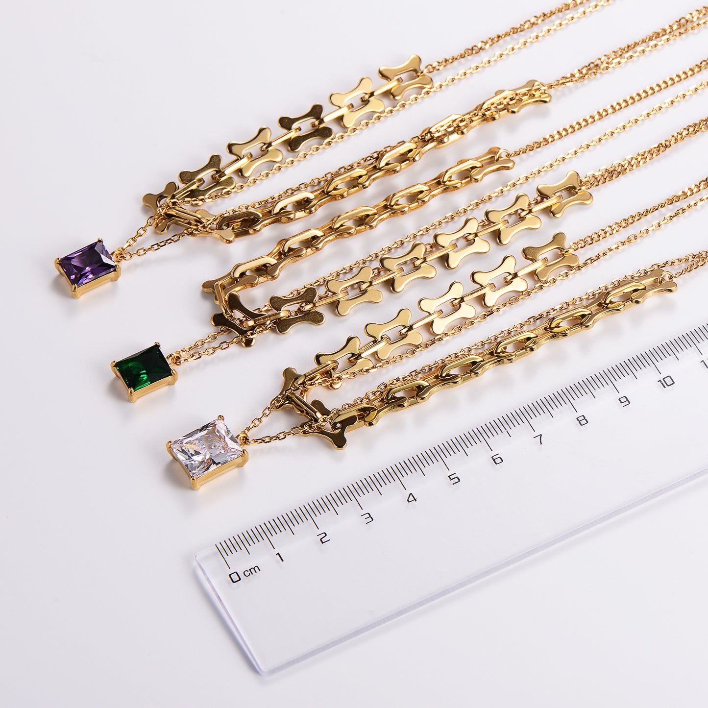 18K Gold Plated Zircon Layered Necklace with Stainless Steel Rectangle Pendant and Statement Chain