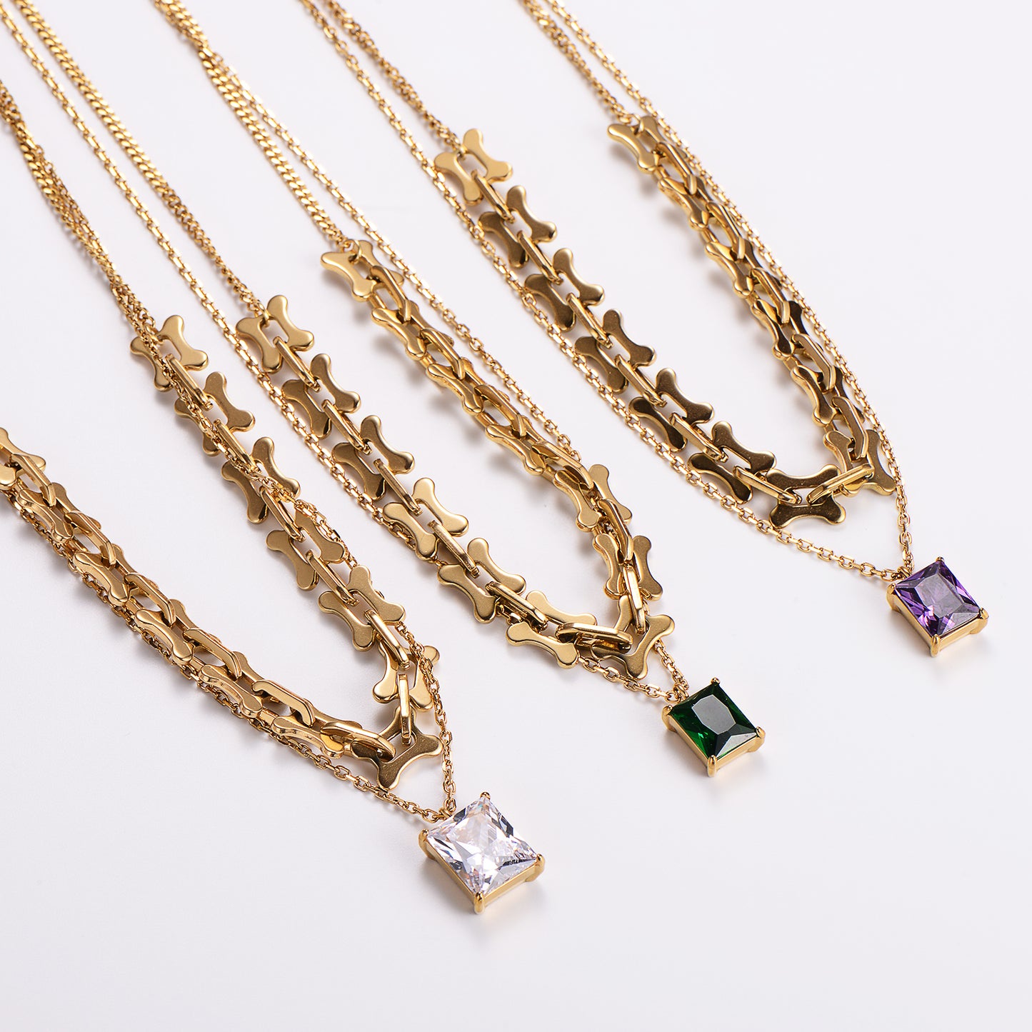 18K Gold Plated Zircon Layered Necklace with Stainless Steel Rectangle Pendant and Statement Chain