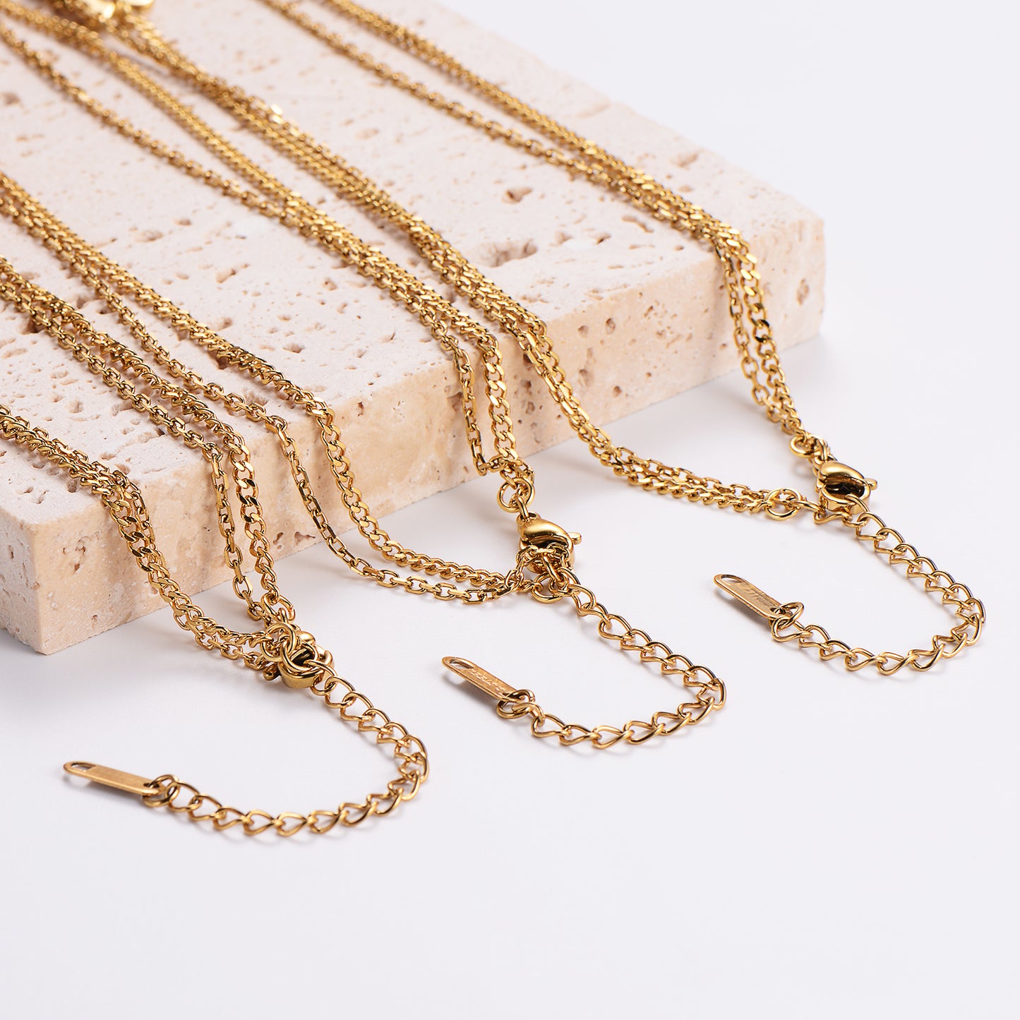 18K Gold Plated Zircon Layered Necklace with Stainless Steel Rectangle Pendant and Statement Chain