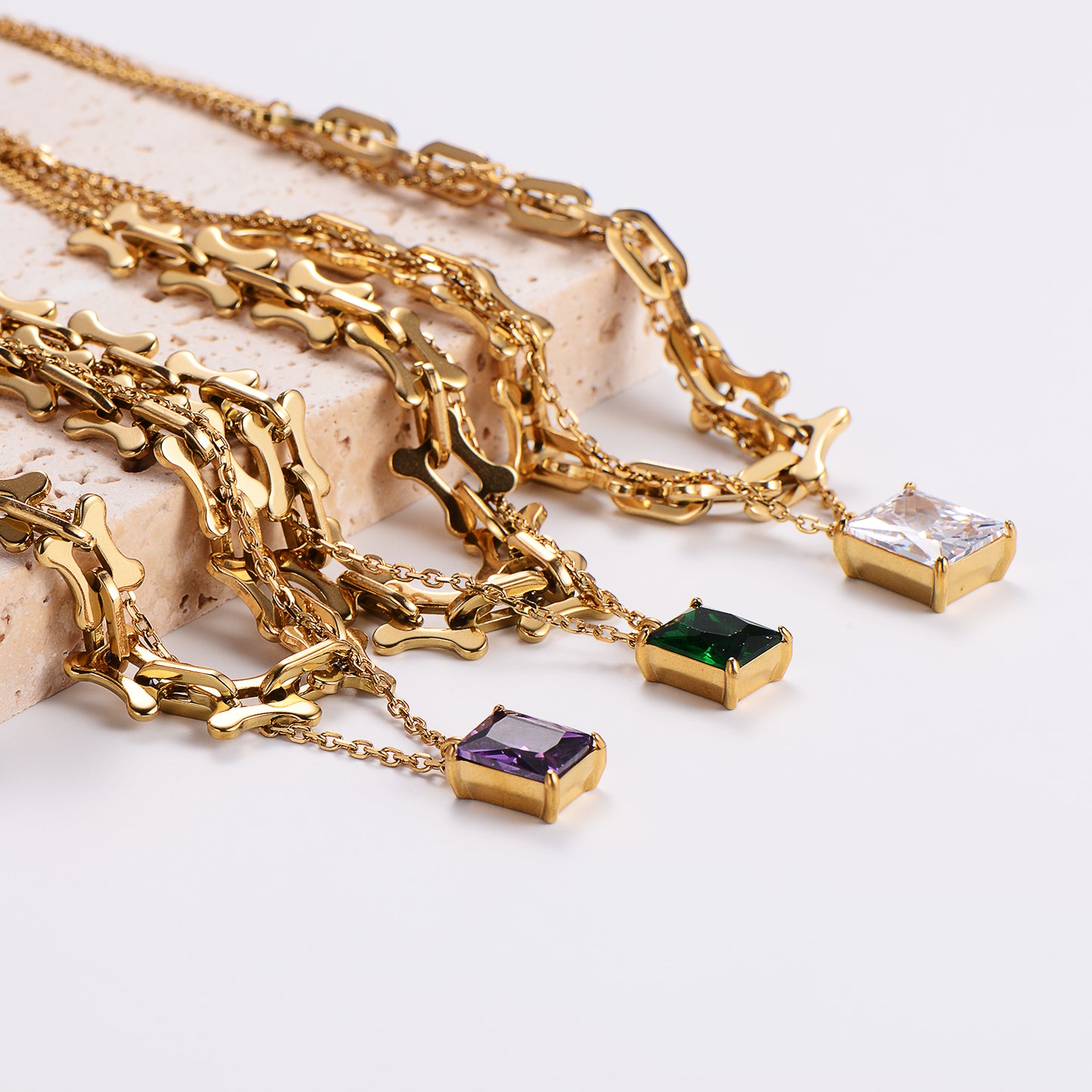 18K Gold Plated Zircon Layered Necklace with Stainless Steel Rectangle Pendant and Statement Chain