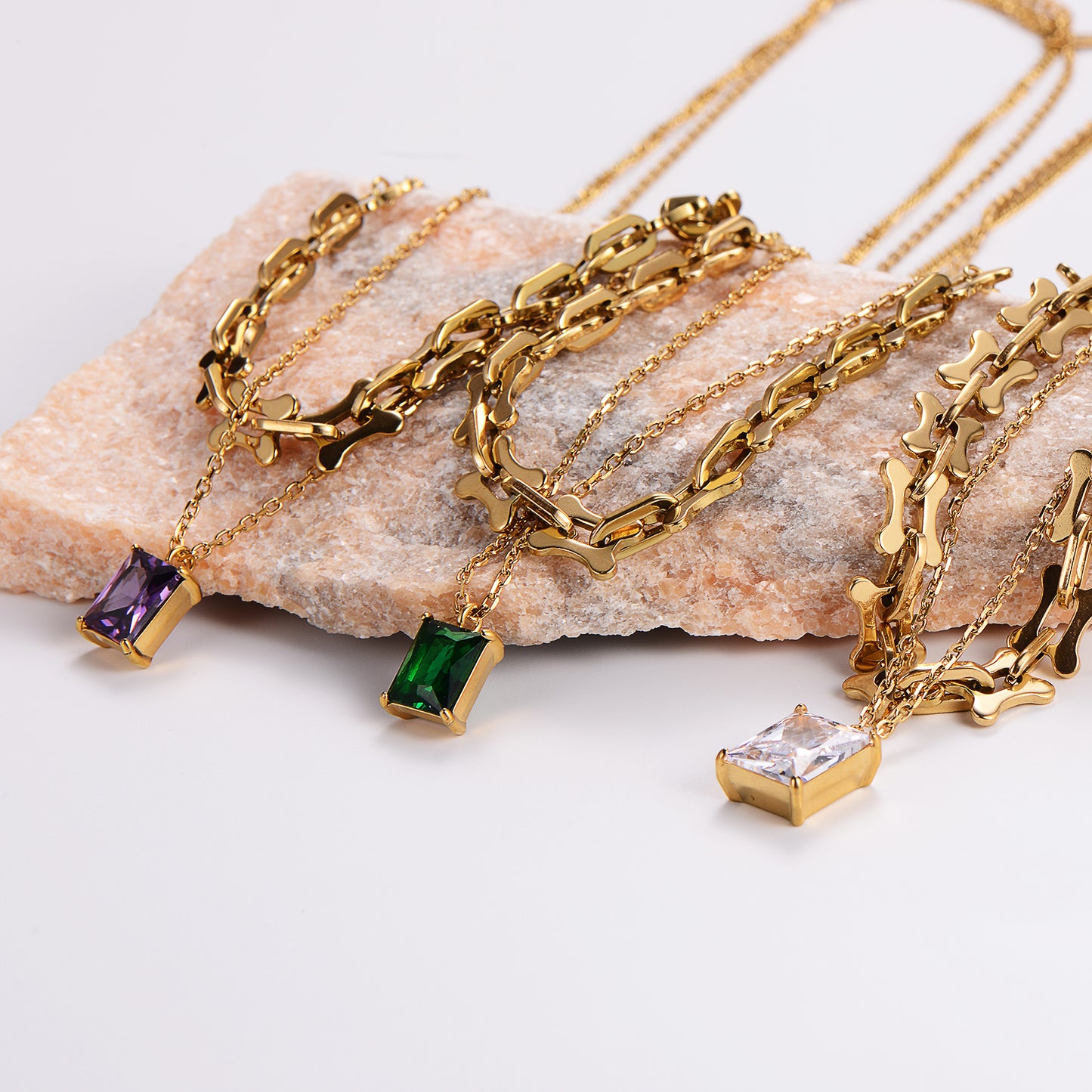 18K Gold Plated Zircon Layered Necklace with Stainless Steel Rectangle Pendant and Statement Chain