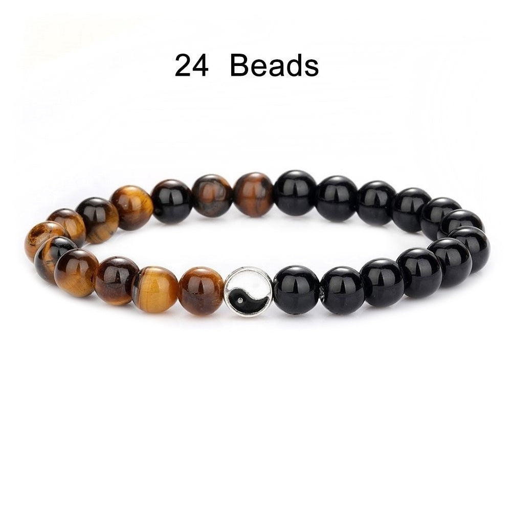 Simple Round Alloy Natural Stone Beaded Bracelet with Matte Yin Yang White Turquoise and Black Beads