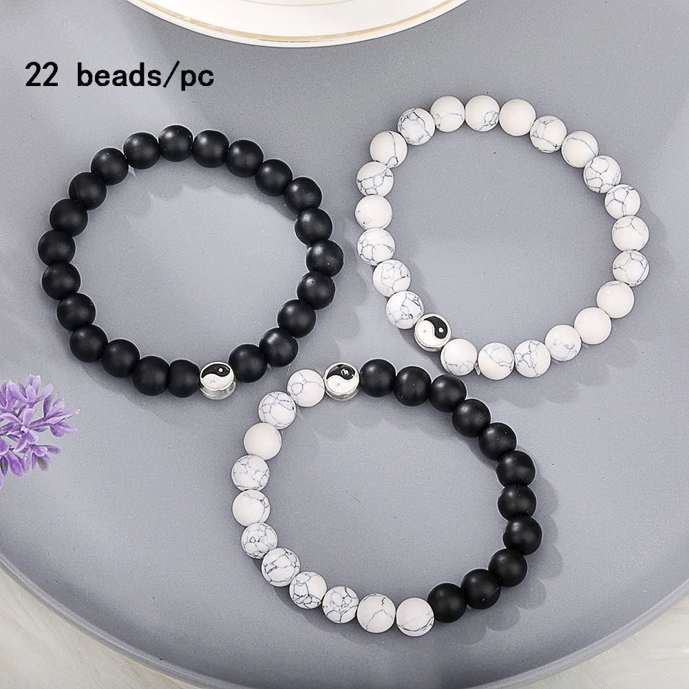 Simple Round Alloy Natural Stone Beaded Bracelet with Matte Yin Yang White Turquoise and Black Beads