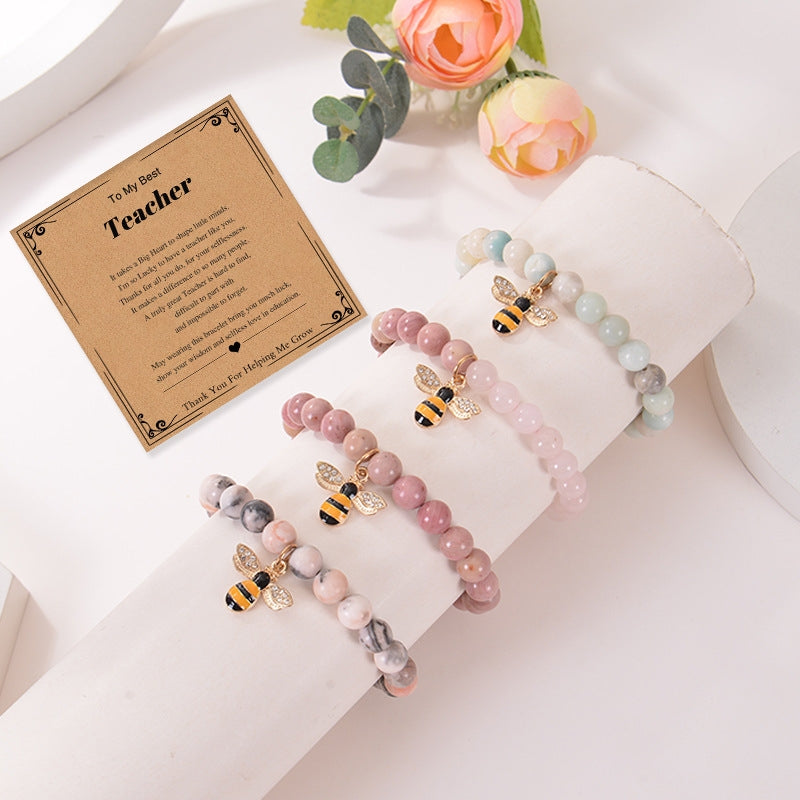 Simple Style Natural Agate and Pink Crystal Beaded Bracelet with Zircon Bee Pendant