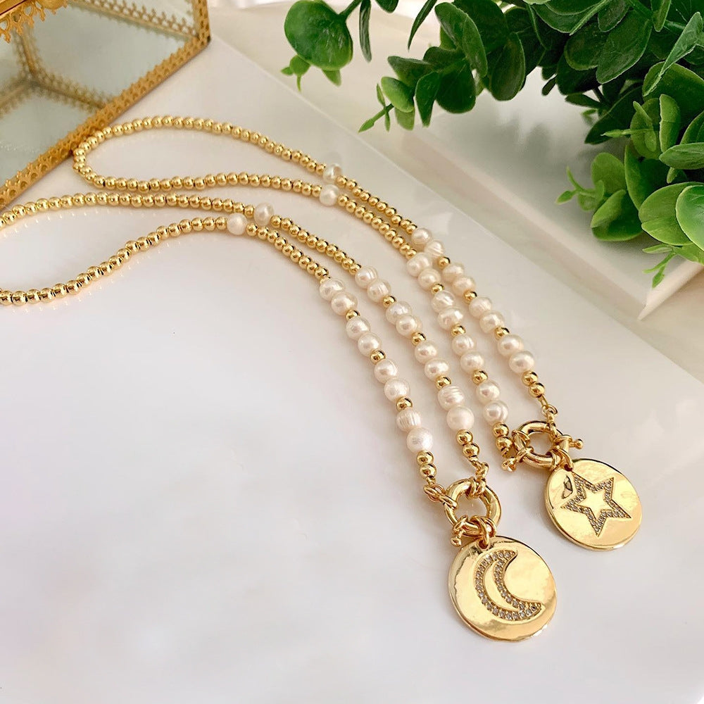 Simple Style Multi-Layer Pearl Beaded Moon Pendant Necklace for Women