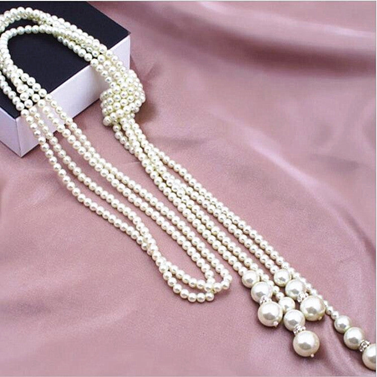 Simple Vintage Double Layer Pearl Tassel Long Necklace for Women