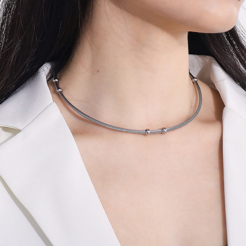 "Minimalist Titanium Steel Open Wire Bead Choker Necklace for Women"