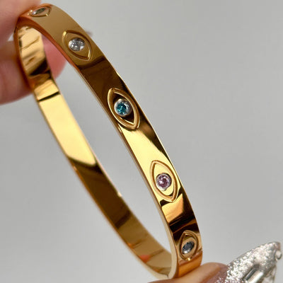 18k Gold Plated Titanium Steel Zircon Bangle and All-Seeing Eye Bracelet