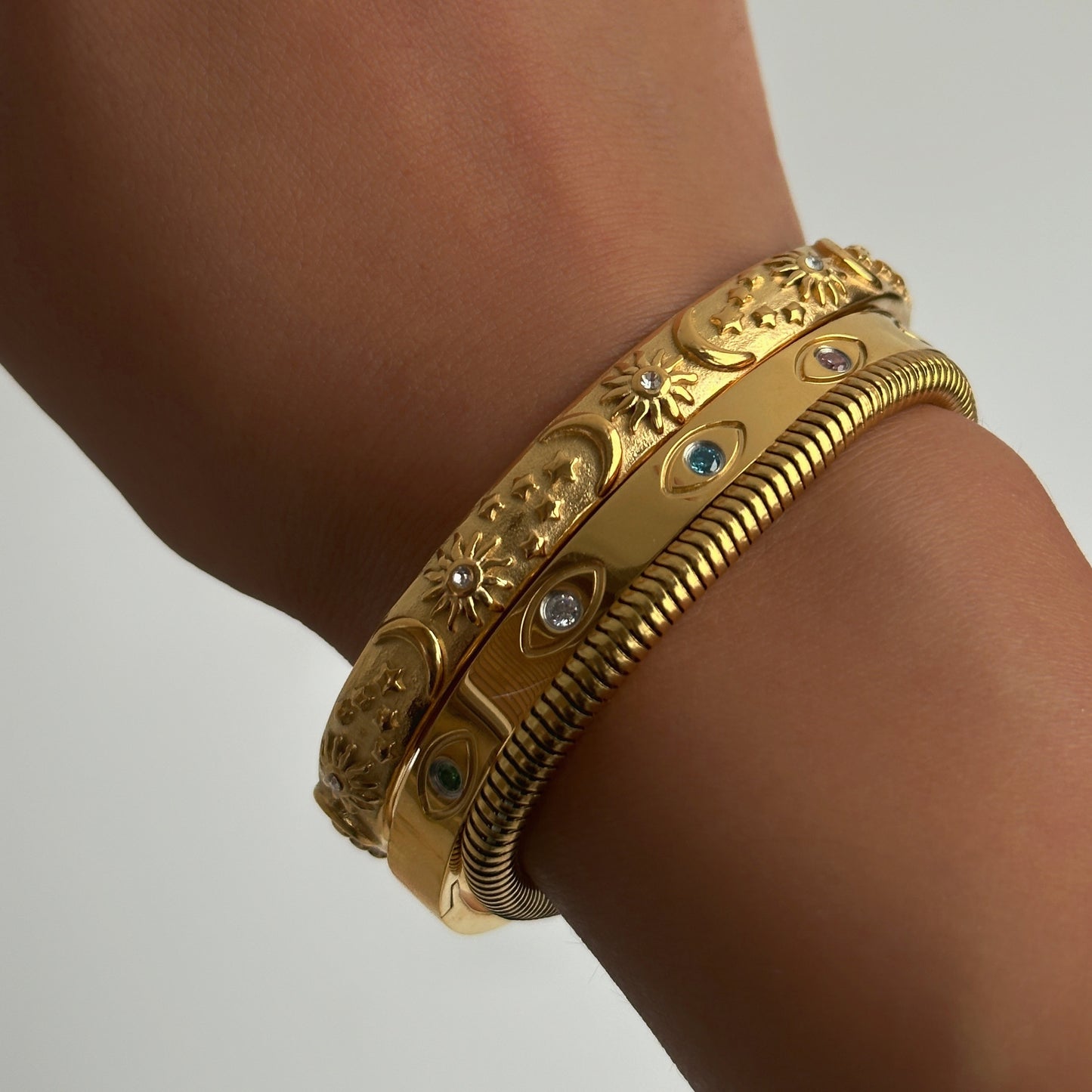 18k Gold Plated Titanium Steel Zircon Bangle and All-Seeing Eye Bracelet