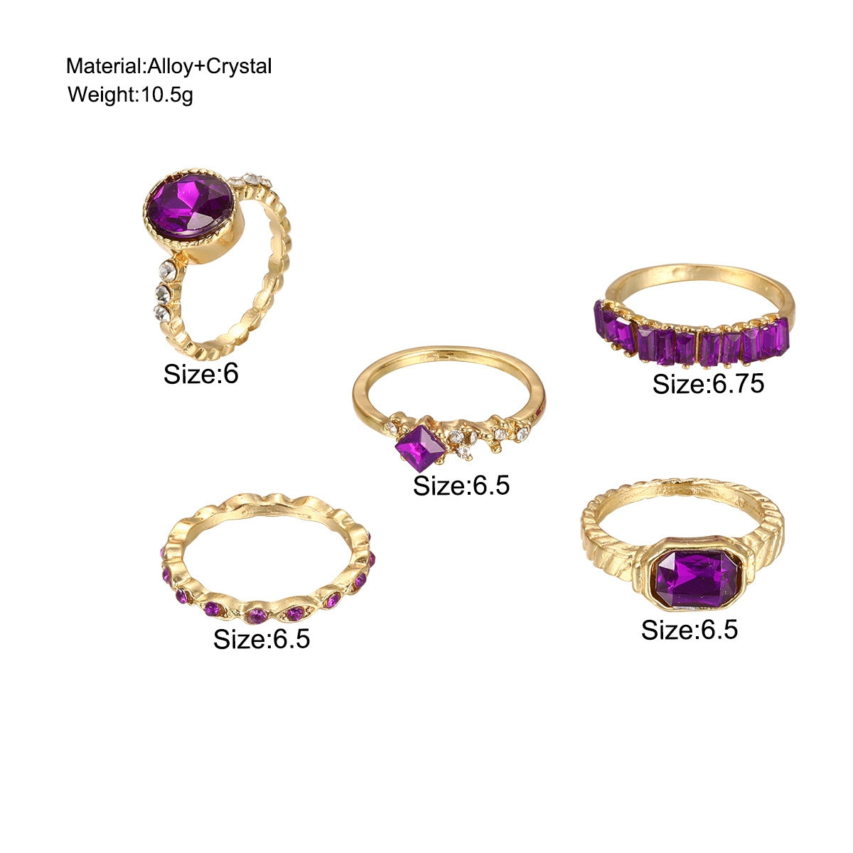 Simple Style Rhinestone Alloy Ring Set - 5 Pieces Vintage Inspired Purple Rings