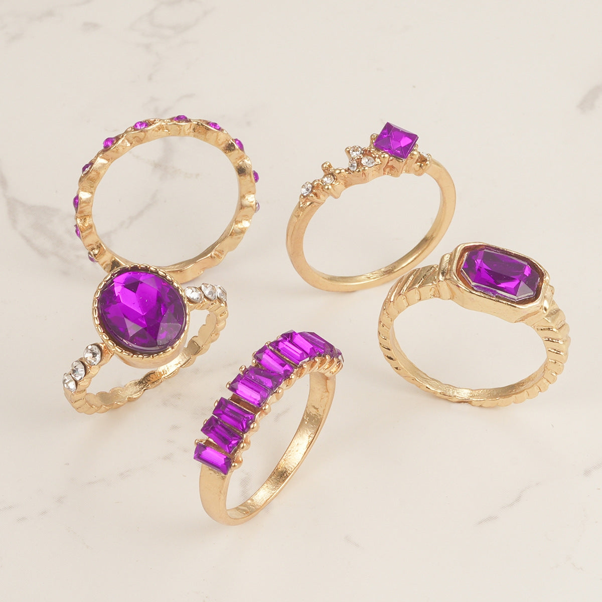 Simple Style Rhinestone Alloy Ring Set - 5 Pieces Vintage Inspired Purple Rings