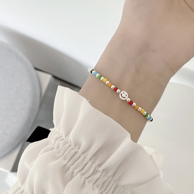 S925 Sterling Silver Smiley Face Beaded Elastic Bracelet - Minimalist Korean Design