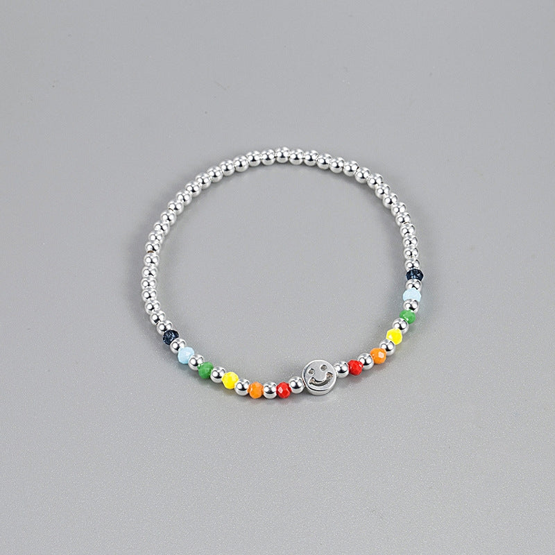 S925 Sterling Silver Smiley Face Beaded Elastic Bracelet - Minimalist Korean Design