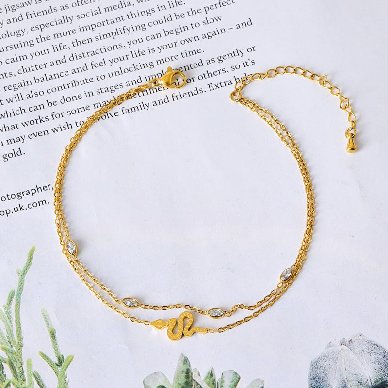 Simple Snake Design 18K Gold Plated Stainless Steel Zircon Anklet for Women