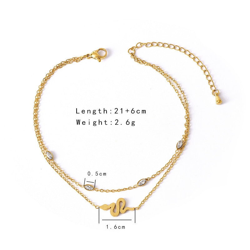 Simple Snake Design 18K Gold Plated Stainless Steel Zircon Anklet for Women