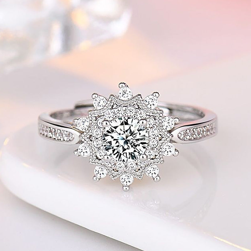 Silver Snowflake Moissanite-Inspired Adjustable Ring