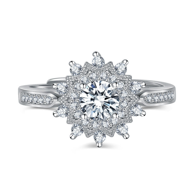 Silver Snowflake Moissanite-Inspired Adjustable Ring