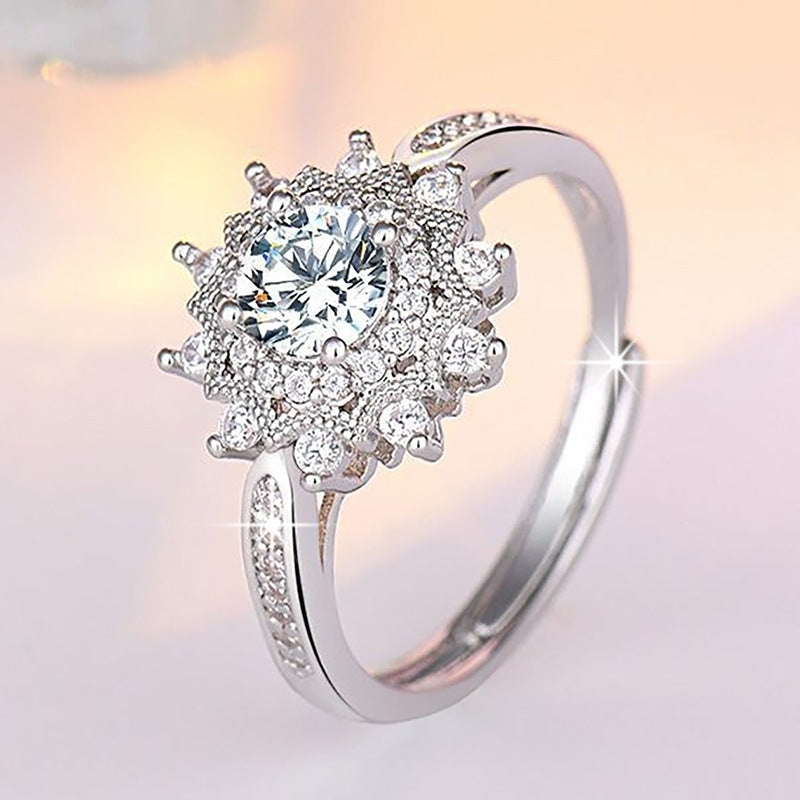 Silver Snowflake Moissanite-Inspired Adjustable Ring