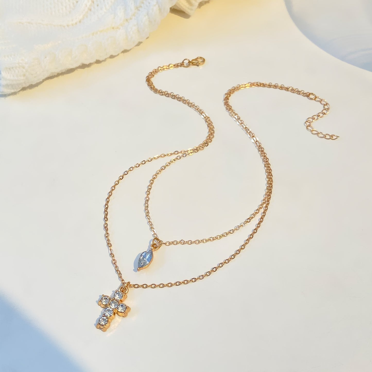 Simple Style Silver Plated Women's Cross Layered Necklace with Zircon Inlay