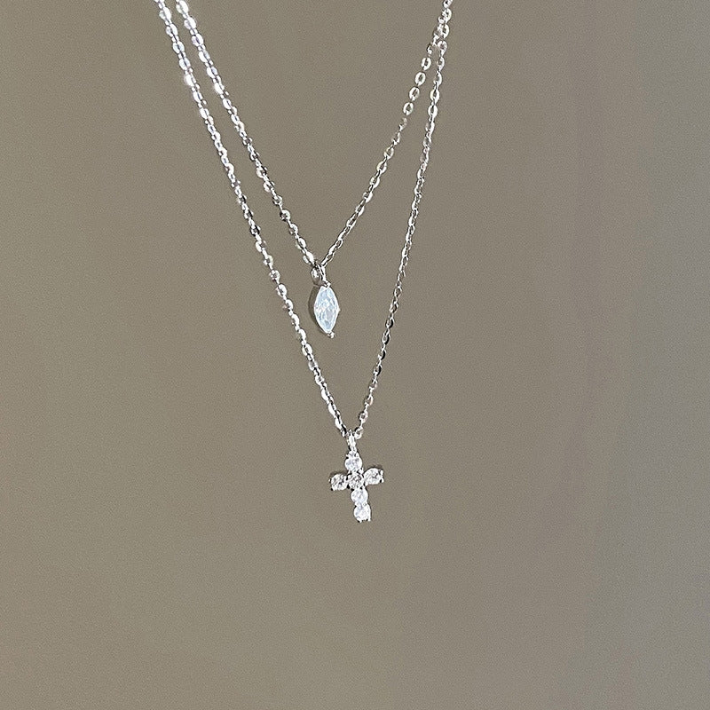 Simple Style Silver Plated Women's Cross Layered Necklace with Zircon Inlay