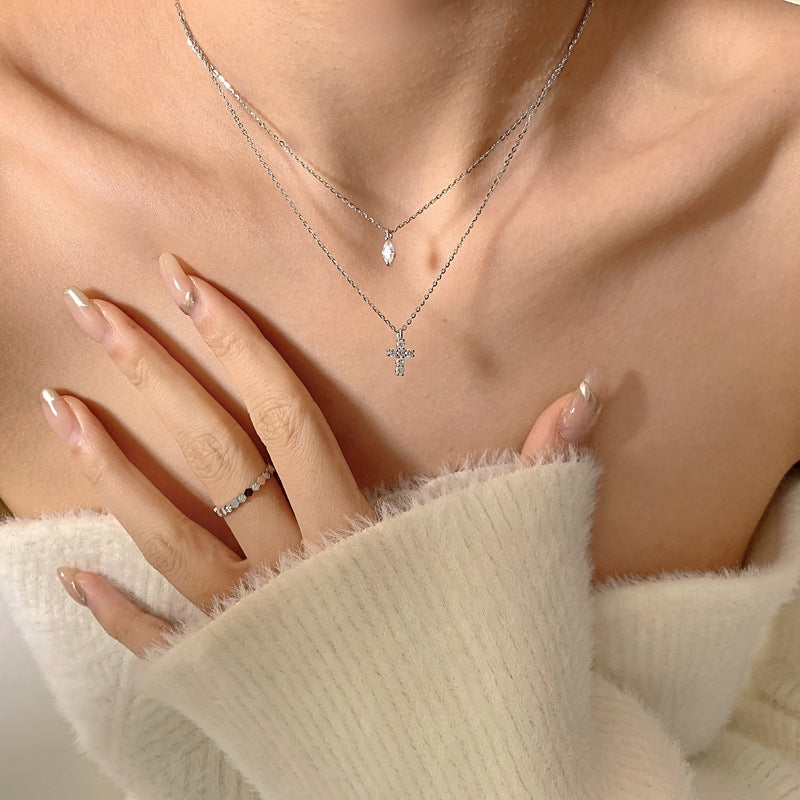 Simple Style Silver Plated Women's Cross Layered Necklace with Zircon Inlay