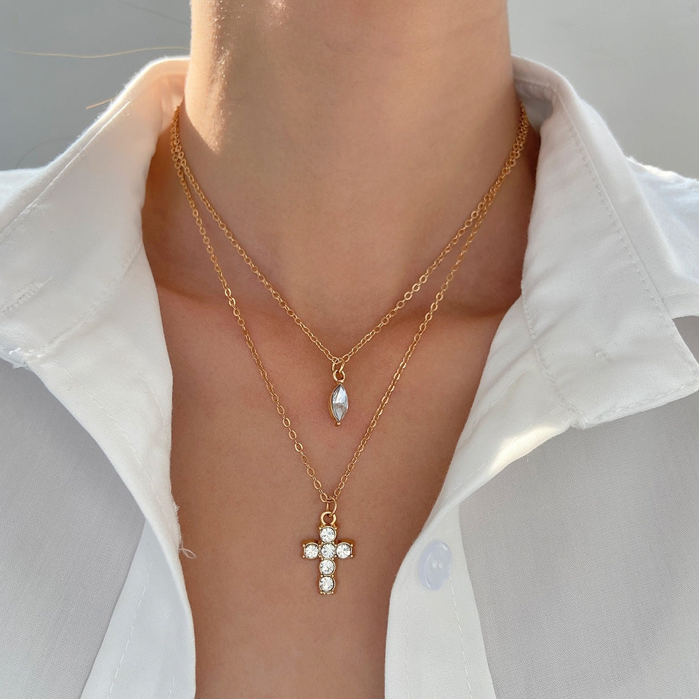 Simple Style Silver Plated Women's Cross Layered Necklace with Zircon Inlay