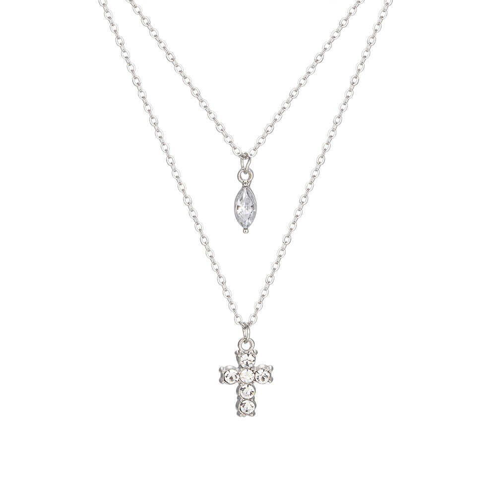 Simple Style Silver Plated Women's Cross Layered Necklace with Zircon Inlay