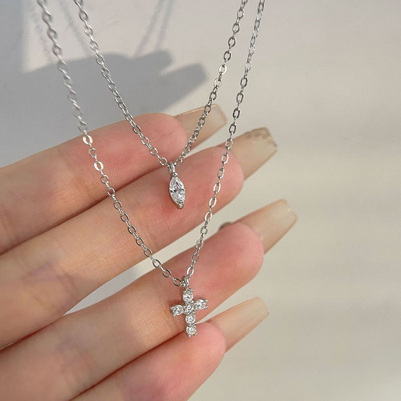 Simple Style Silver Plated Women's Cross Layered Necklace with Zircon Inlay