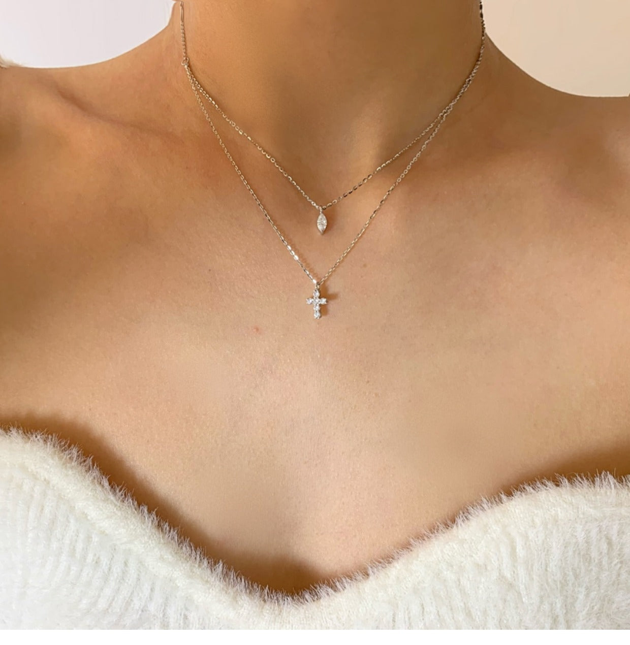 Simple Style Silver Plated Women's Cross Layered Necklace with Zircon Inlay