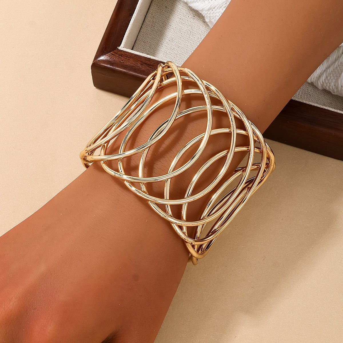 Simple Geometric Hollow Mesh Wide Bangle Bracelet