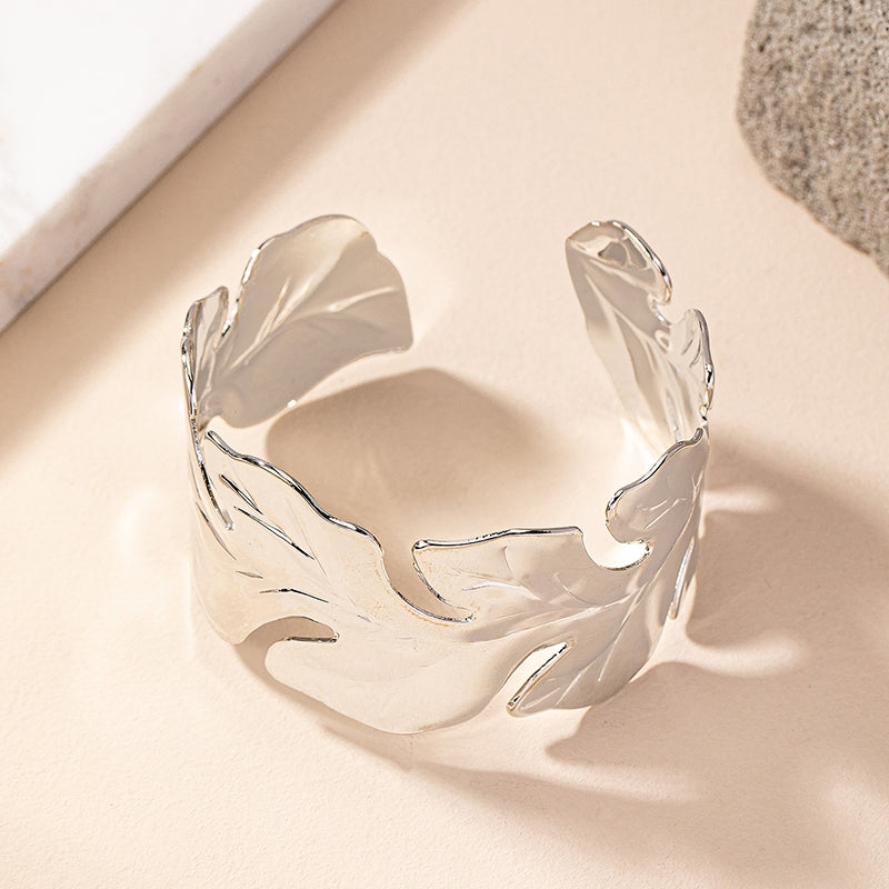 Simple Solid Color Alloy Leaf Design Open Cuff Bangle